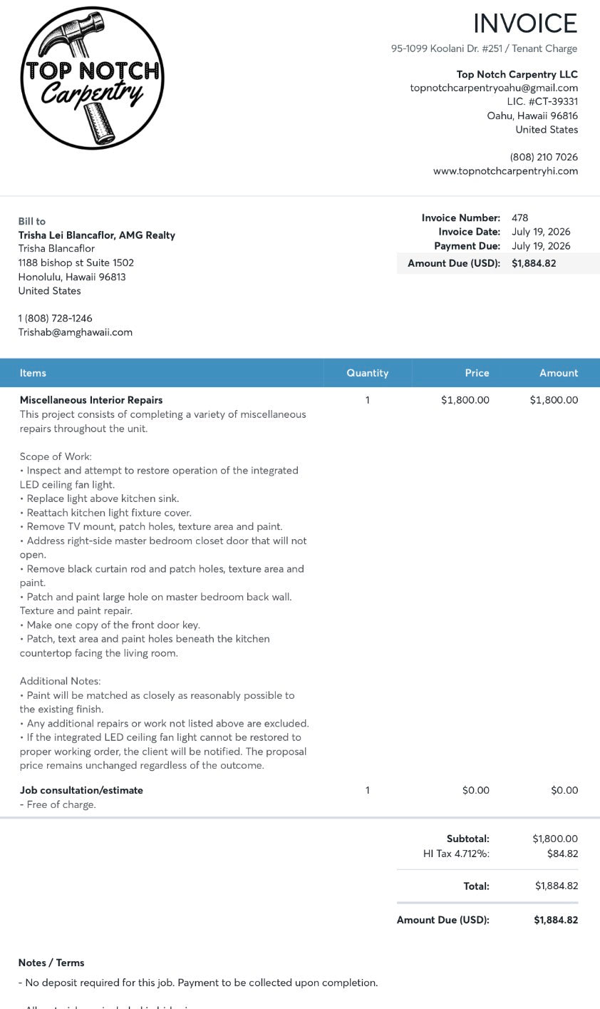 95-1099 Koolani Dr. #251 / Tenant Charge
